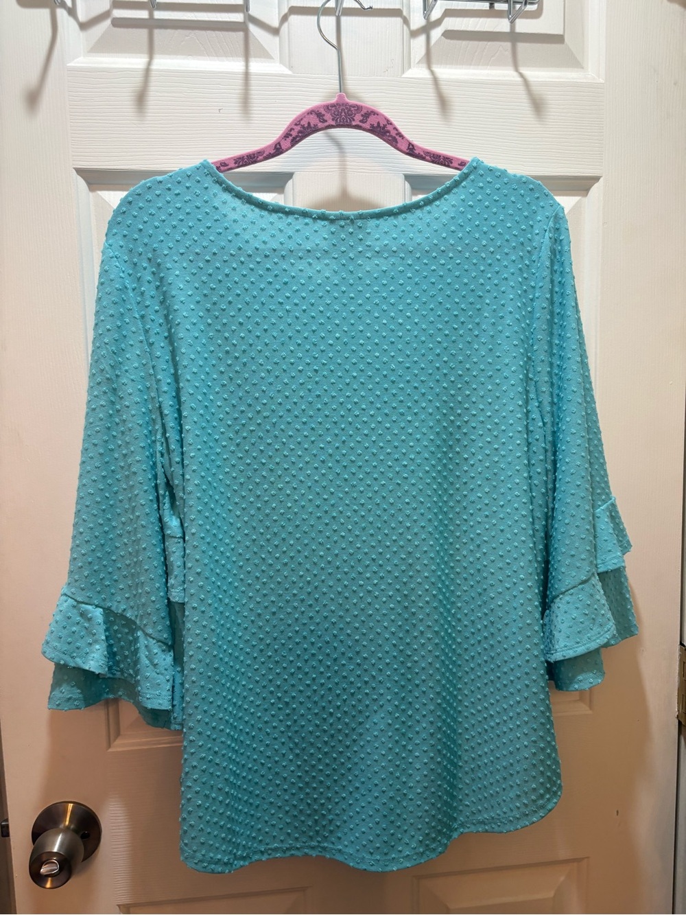 Ruby Rd. Large Women's Teal Textured Ruffle Sleeve Top - Picture 14 of 16